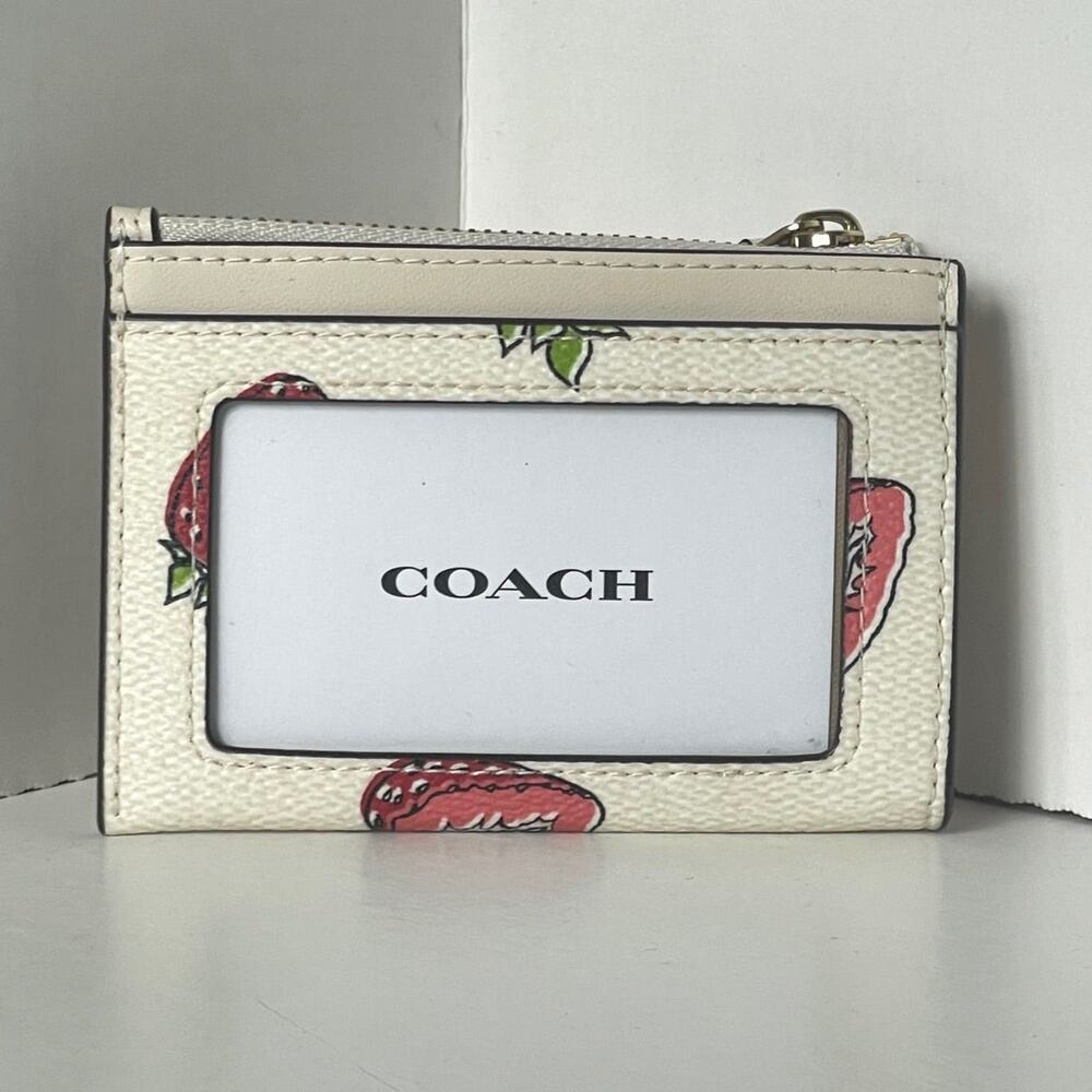 Coach Mini Skinny ID Wallet CAR17 Strawberry Print White Red Keyring - Picture 3 of 9